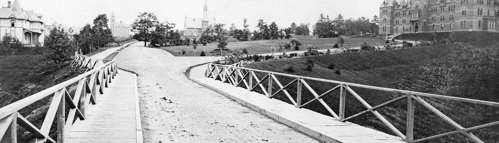 Historic black-and-white photograph of the Cornell University campus in Ithaca, New York, looking north
