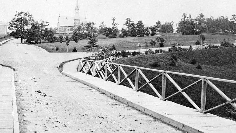 Historic black-and-white photograph of the Cornell University campus in Ithaca, New York, looking north